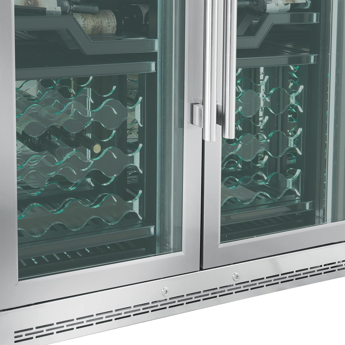 Forno Appliances - Abruzzo 102-Bottle Freestanding Dual Zone Wine Cellar with Green Acrylic Holders & Black Shelves - Stainless Steel