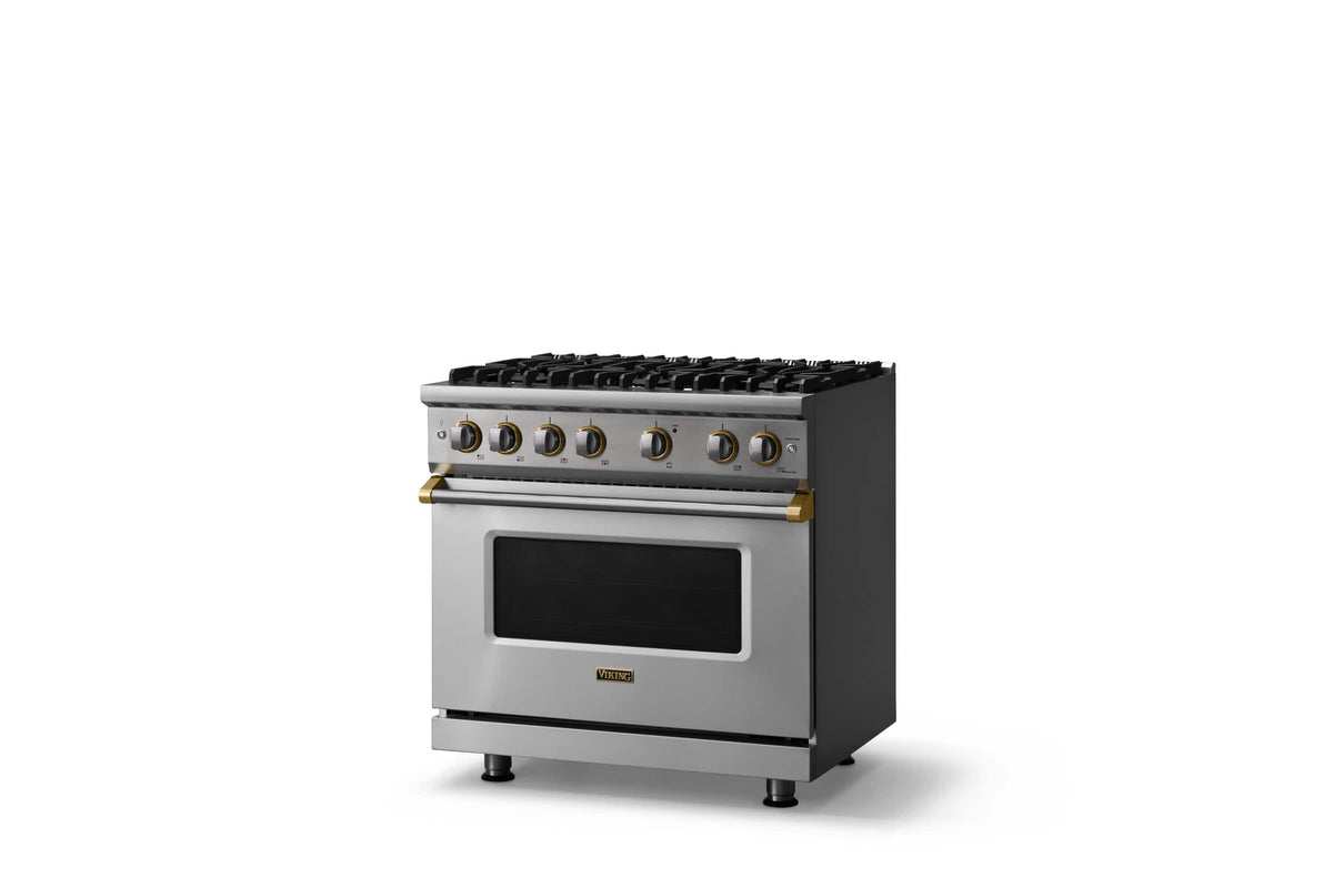 Viking - 36"W. 5.1 Cu. Ft. Freestanding Manual Clean Sealed 6 Burner LP Gas Convection Range-Stainless Steel/Brushed Brass - Stainless Steel