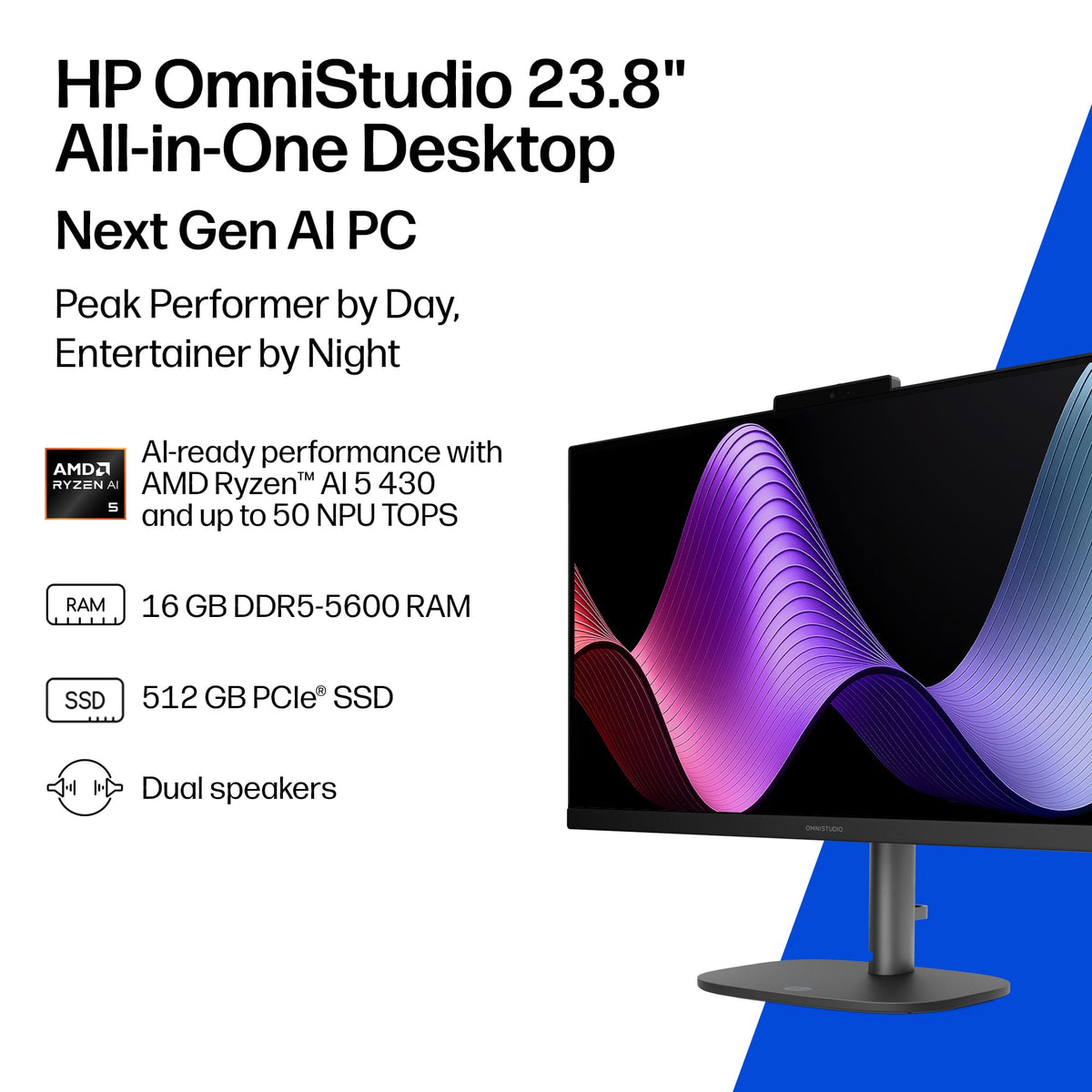 HP - OmniStudio 23.8" Full HD Touchscreen All-in-One w/ Adjustable Height - AMD Ryzen AI 5 - 16GB RAM - 512GB SSD - Copilot+ - Jet Black