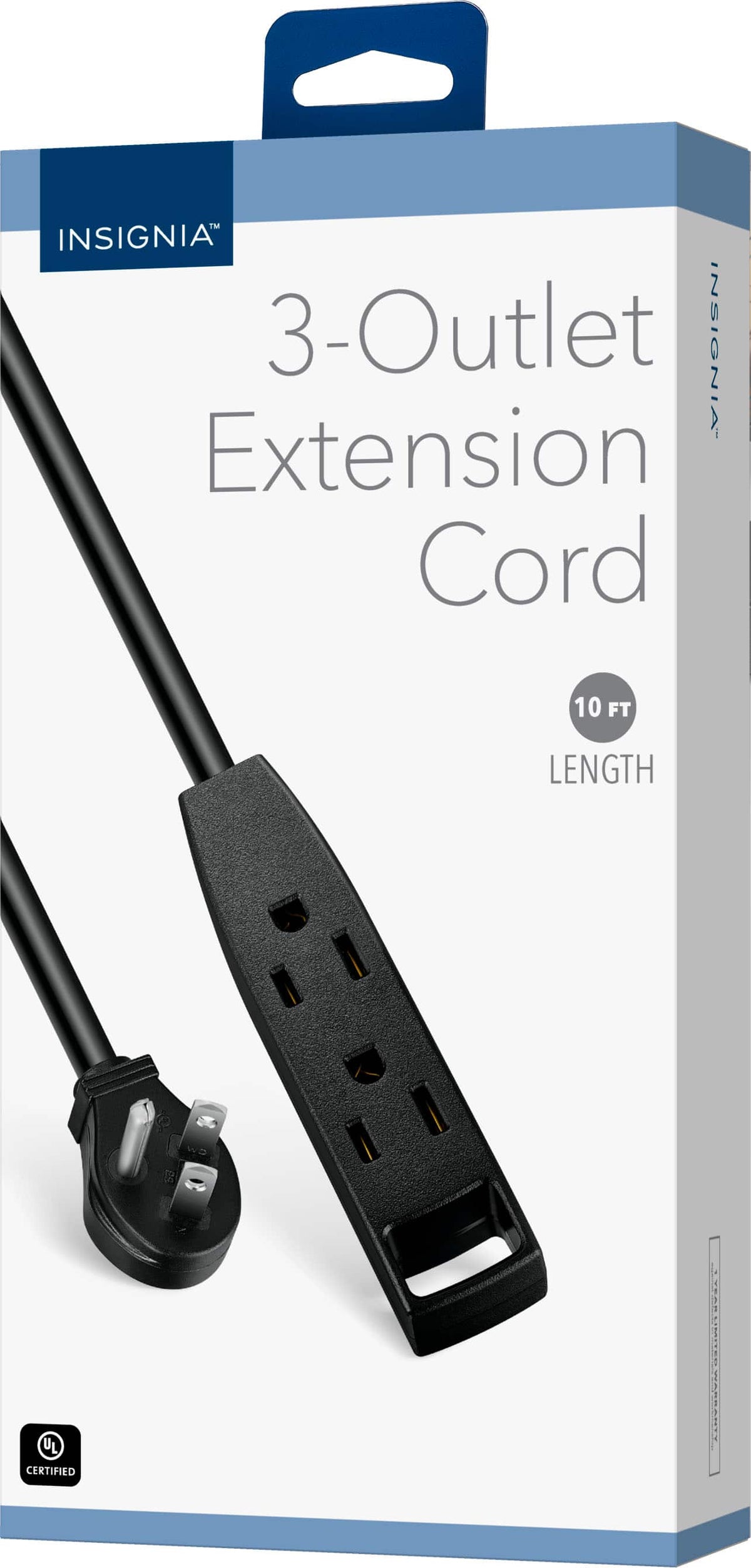 Insignia™ - 10ft 3-Prong 16 Gauge Extension Cord with 3 AC Outlets - Black