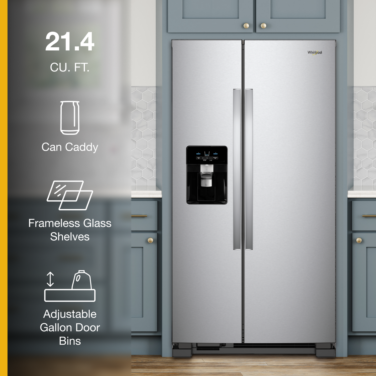 Whirlpool - 33 in. Wide 21 cu. ft. Side-by-Side Refrigerator with LED Interior Lighting - Stainless Steel