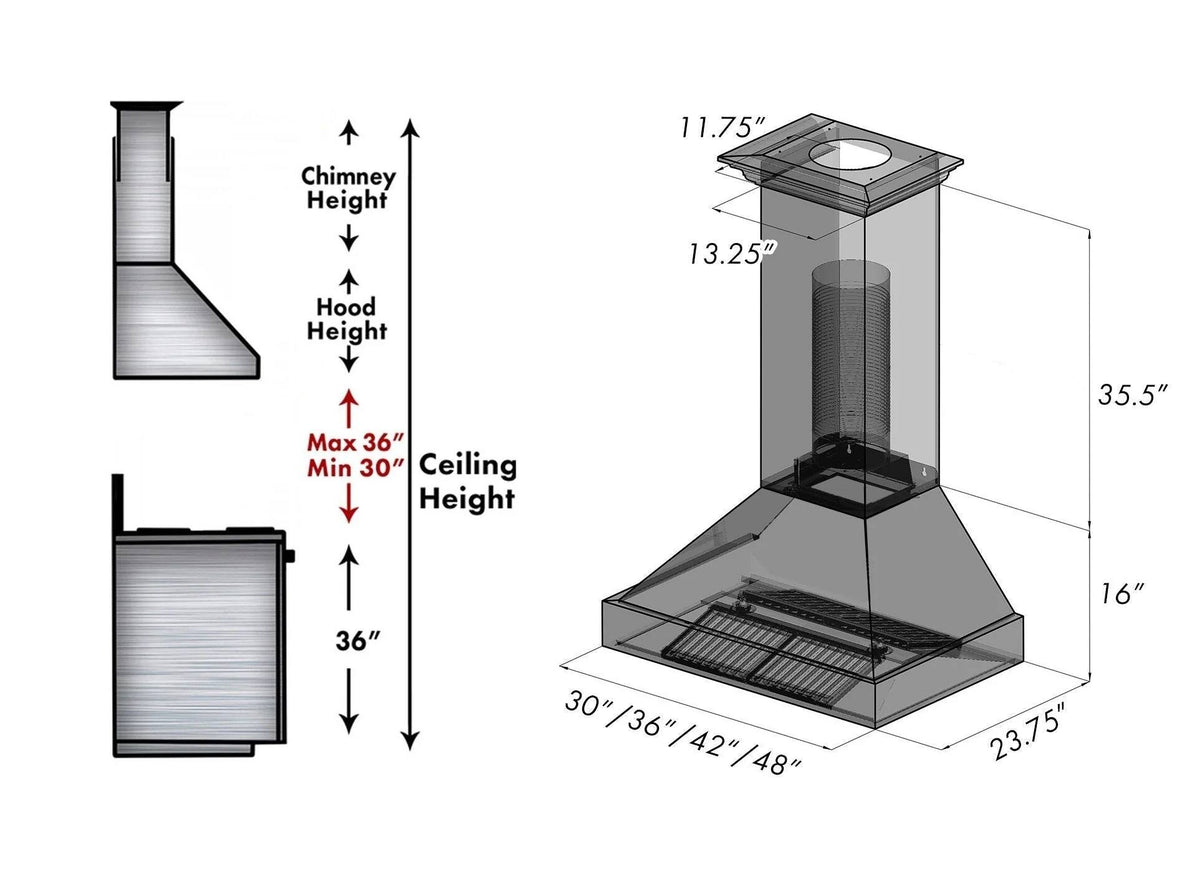 ZLINE - 30 inches - Externally Vented - Wall Range Hood - Silver/Black Matte Shell