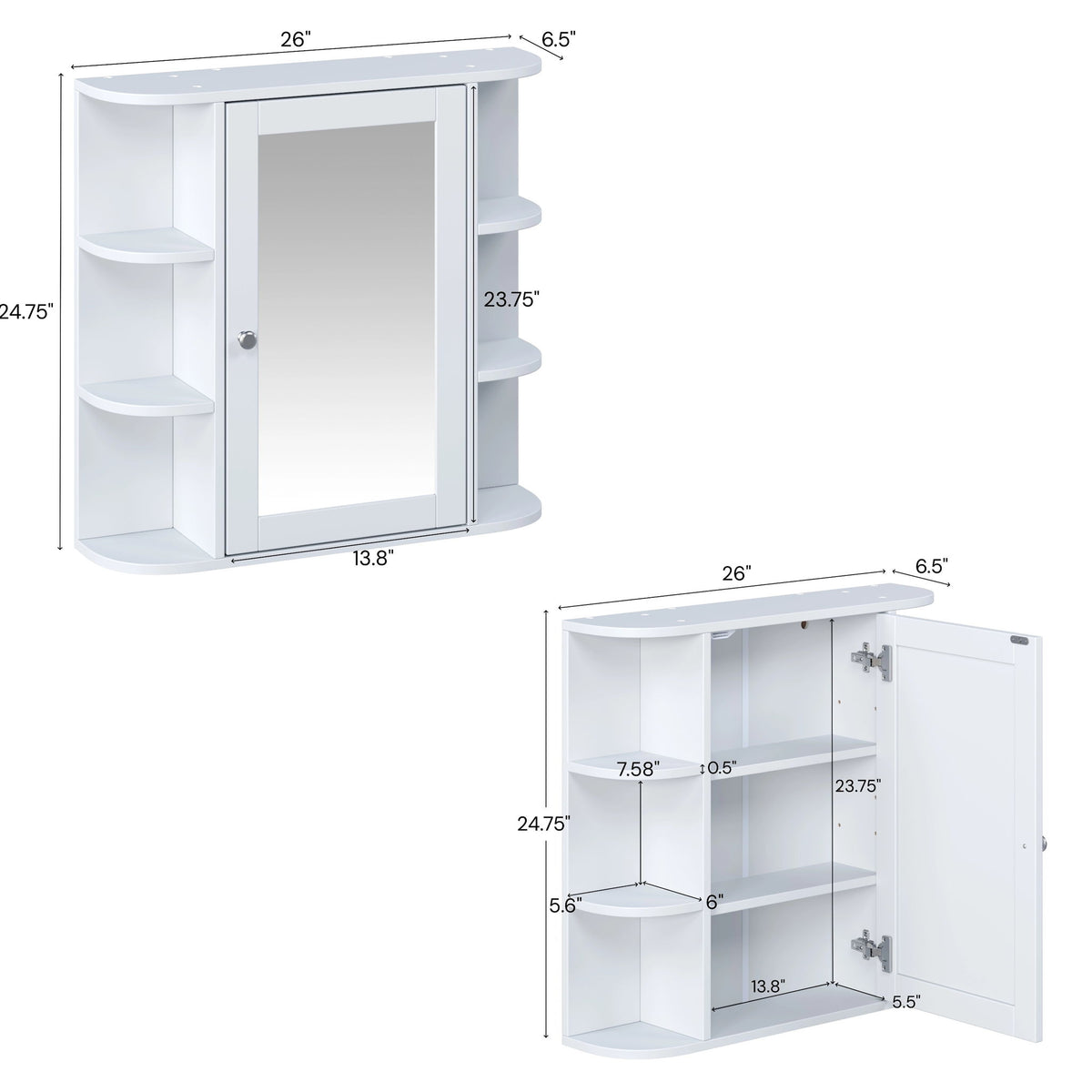 Armario de pared para baño con espejo y estante ajustable, 6 estantes abiertos