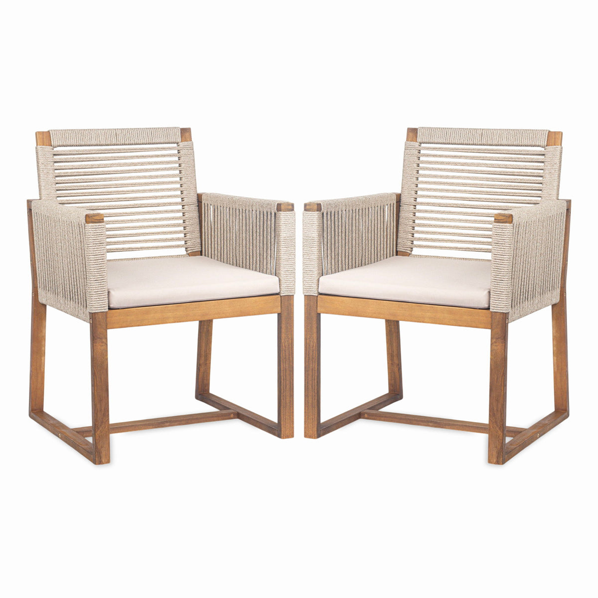 Acacia Wood Outdoor Dining Chairs (Set of 2) With Rope Design Back And Arms, Washable Cushion - Light Brown