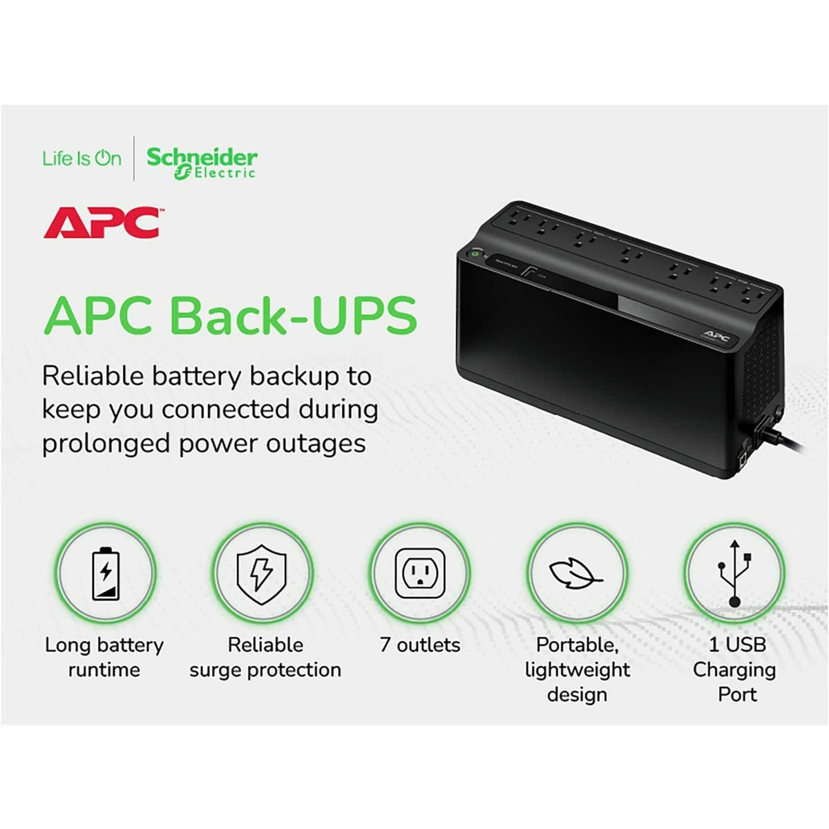 APC - UPS Battery Backup, 600VA/330W, Tower/Wall Mount, 7 Outlets, LED Indicator, USB-A port - Black