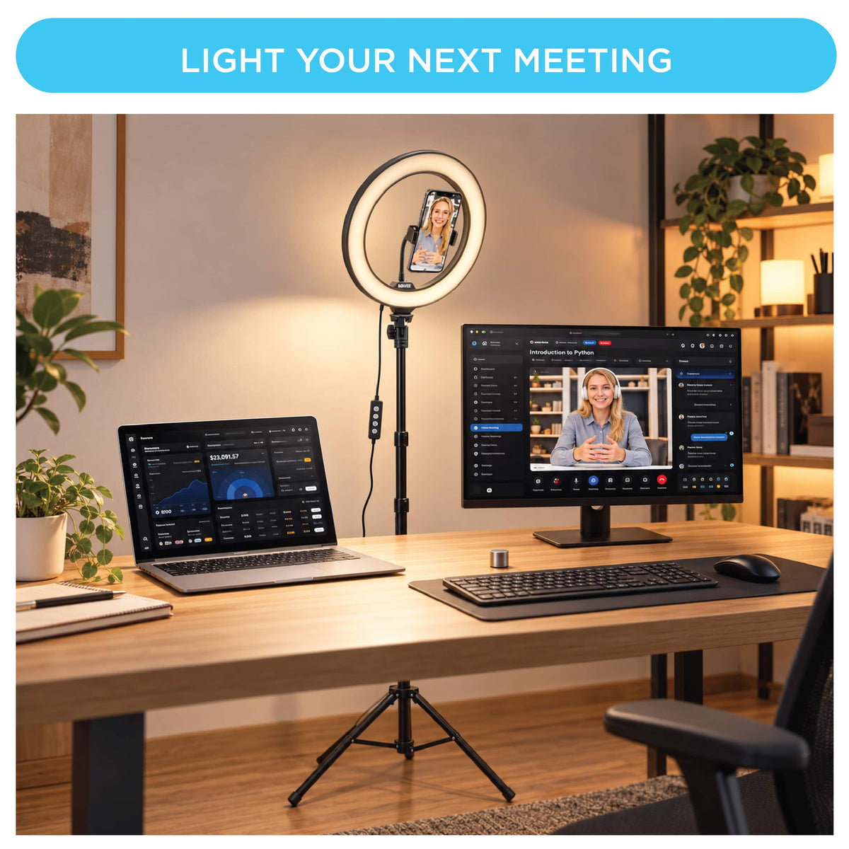 Bower - Luma Slim 10" Multicolor Ring Light with 60" Stand, Phone Holder and Wireless Remote - Black