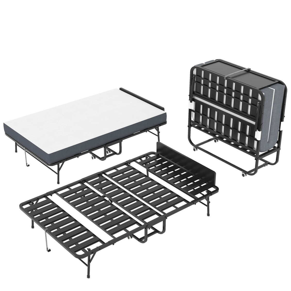 Cama plegable individual extralarga con cabecera ajustable, catre con colchón de espuma viscoelástica - Negro