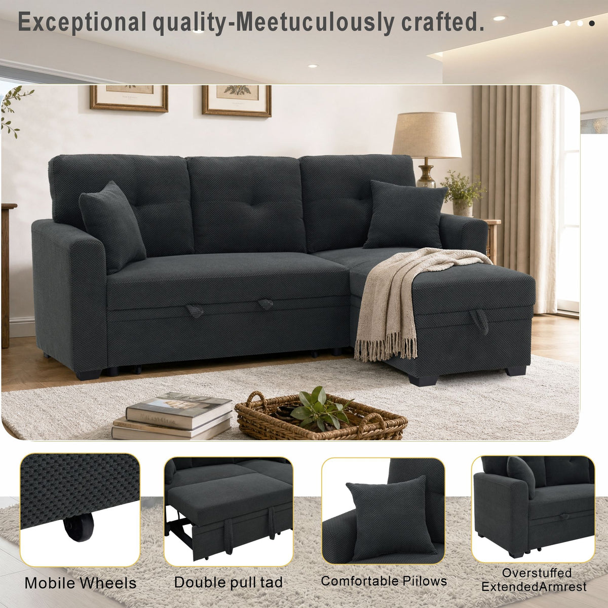 Sofá seccional cama con nido extraíble, chaiselongue reversible