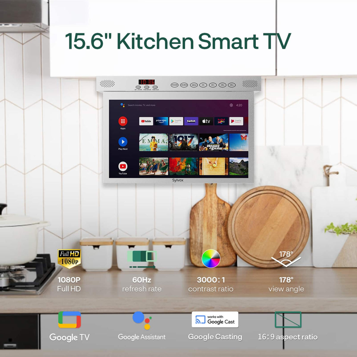 Sylvox - 15.6" Under Cabinet Smart TV, Flip Down Kitchen TV with Google TV, 1080P Display