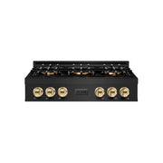 ZLINE - 36 in. Wide 6 Burner Autograph Black Stainless Classic Rangetop with with Gold Accents (PCRTBZ-36-G) - Black Stainless Steel