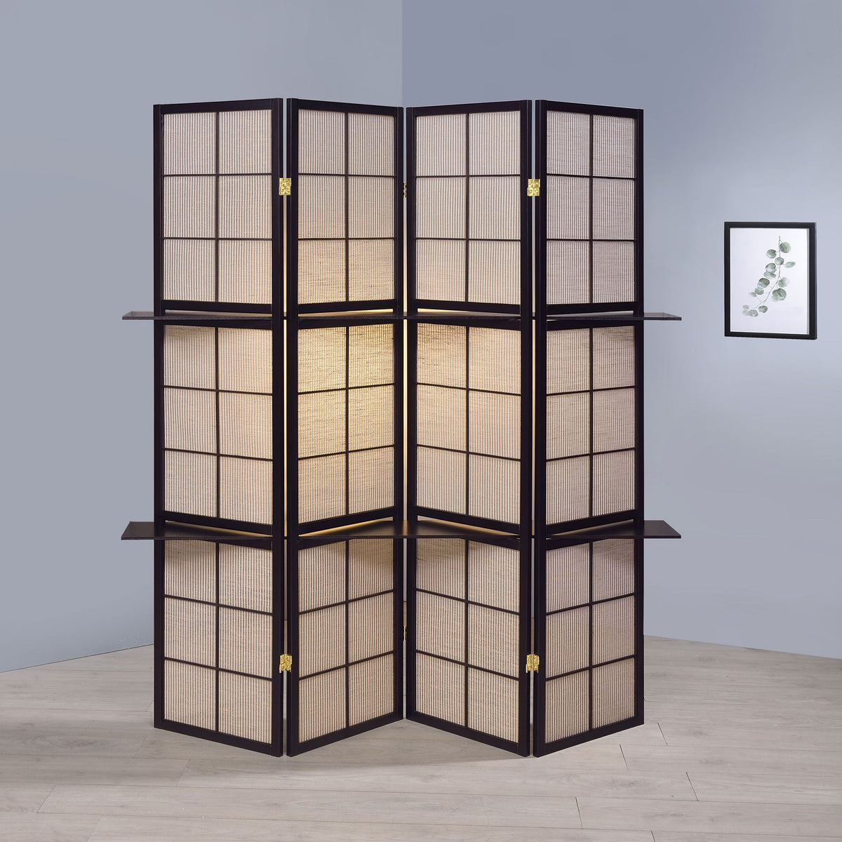 4 Panel Folding Screen With Shelves - Brown
