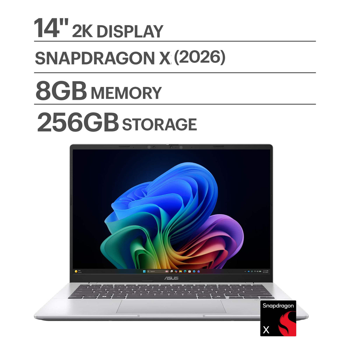 ASUS - Vivobook 14 14" 2K Laptop - Snapdragon X (2026) - 8GB Memory - 256GB Storage - Copilot+ PC - Cool Silver