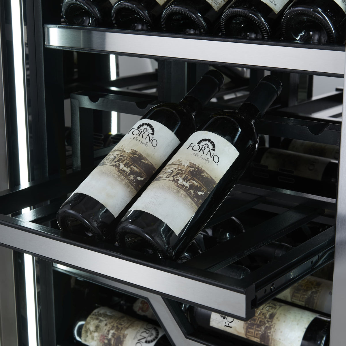 Forno Appliances - Abruzzo 102-Bottle Freestanding Dual Zone Wine Cellar with Clear Acrylic Holders & Stainless Trim Shelves - Stainless Steel