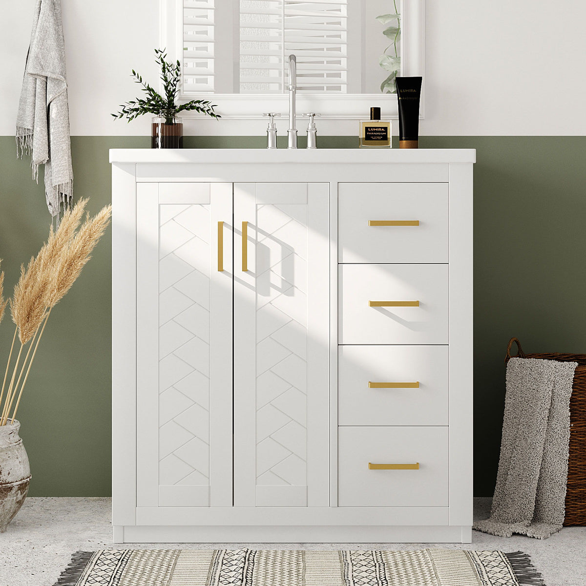 Tocador de baño con lavabo, mueble de almacenamiento, conjunto independiente con 3 cajones y puertas de cierre suave