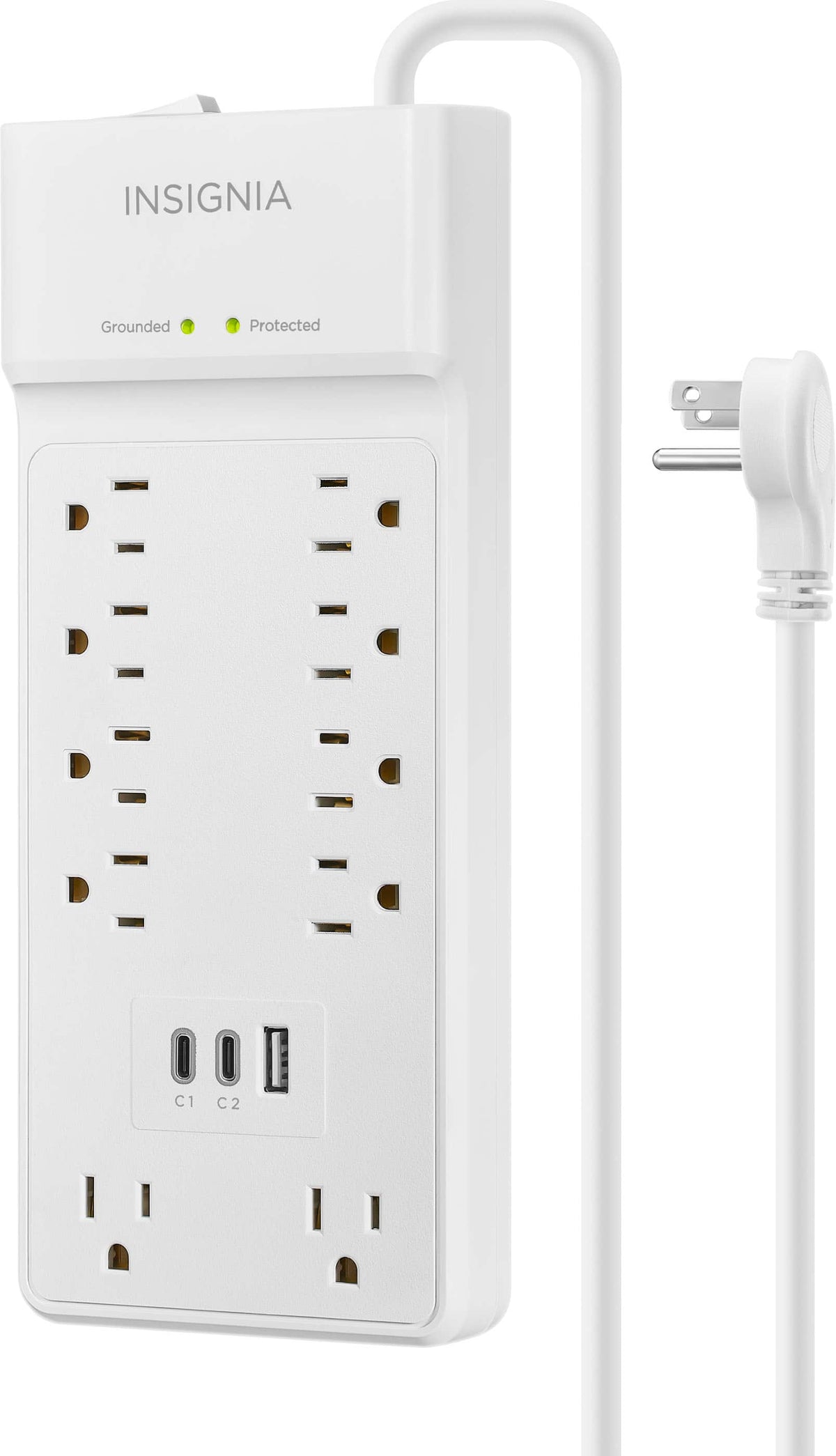 Insignia™ - 10-Outlet / 2-USB-C / 1-USB 2,400 Joules Surge Protector Strip with 6 ft. Power Cord - White