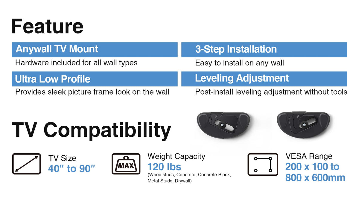 ErgoAV - AnyWall Ultra Slim TV Mount for 40″ to 90″ TVs™ - Black