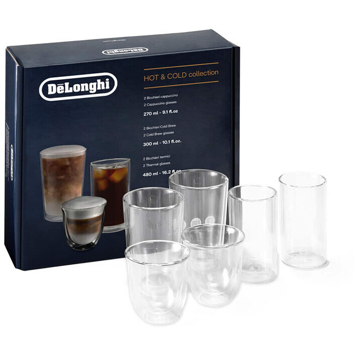 De'Longhi - 6 Piece Glass Set - 2 Cappuccino (9.1 fl. oz.), 2 Cold Brew (10.1 fl. oz.), and 2 Thermal (16.2 fl. oz.) - No Color
