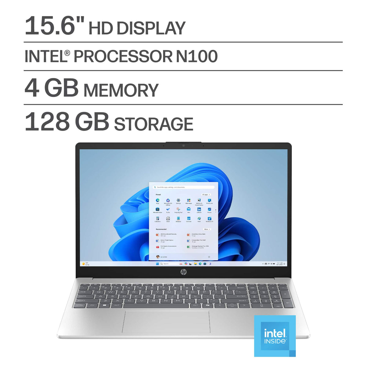 HP - 15.6" Laptop - Intel N100 Processor - 4GB Memory - 128GB Storage - Natural Silver
