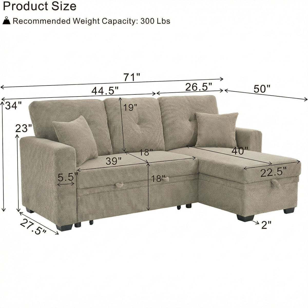 Sofá seccional cama con nido extraíble, chaiselongue reversible