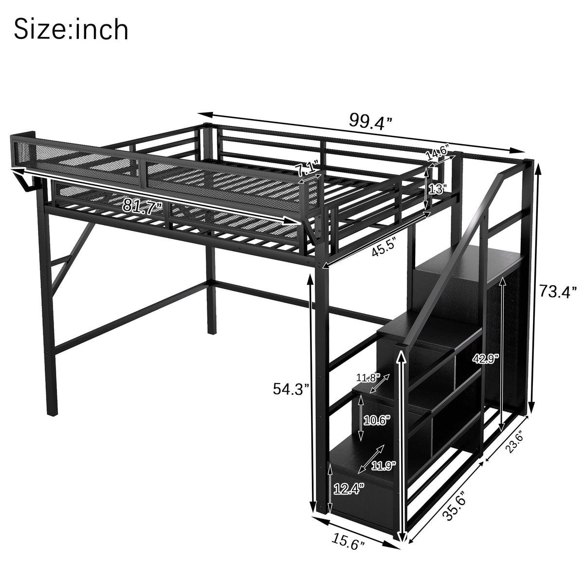 Cama alta tamaño queen con escaleras, estantes de almacenamiento, armario - Negro
