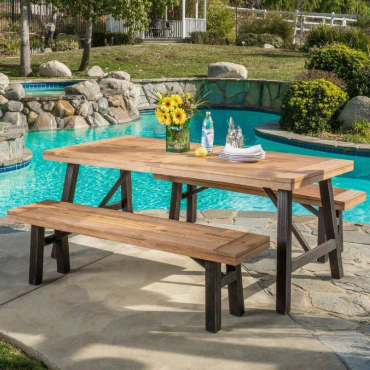 Outdoor Dining Set With 2 Bench And 1 Dining Table - Light Brown