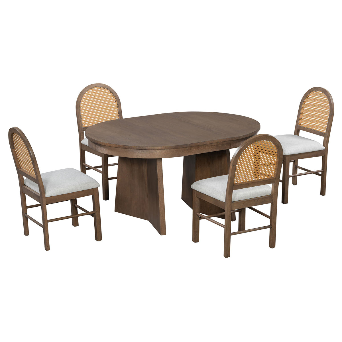 Juego de comedor redondo extensible para 4 personas con 4 sillas tapizadas - Beige / Nogal
