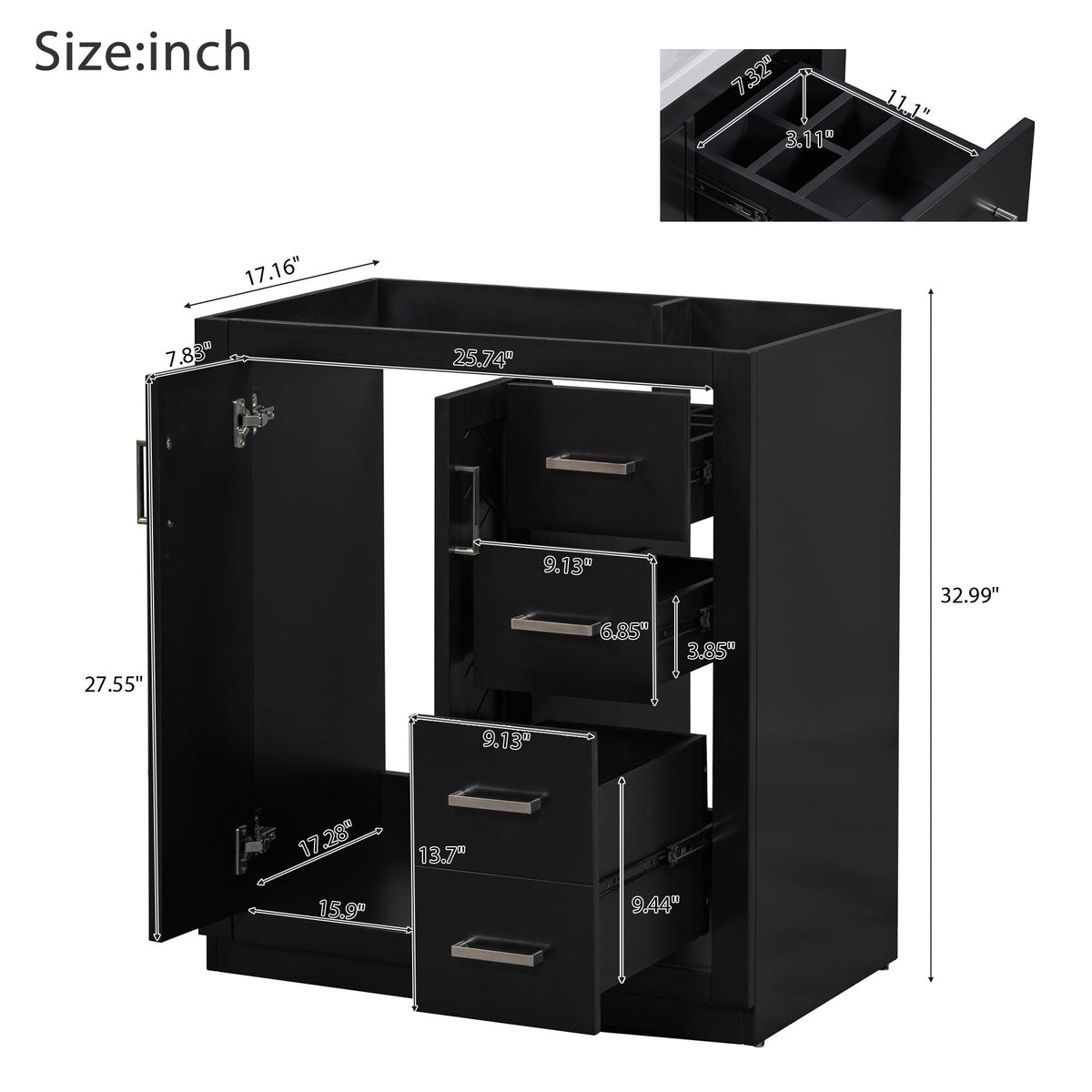 Tocador de baño con lavabo, mueble de almacenamiento, conjunto independiente con 3 cajones y puertas de cierre suave