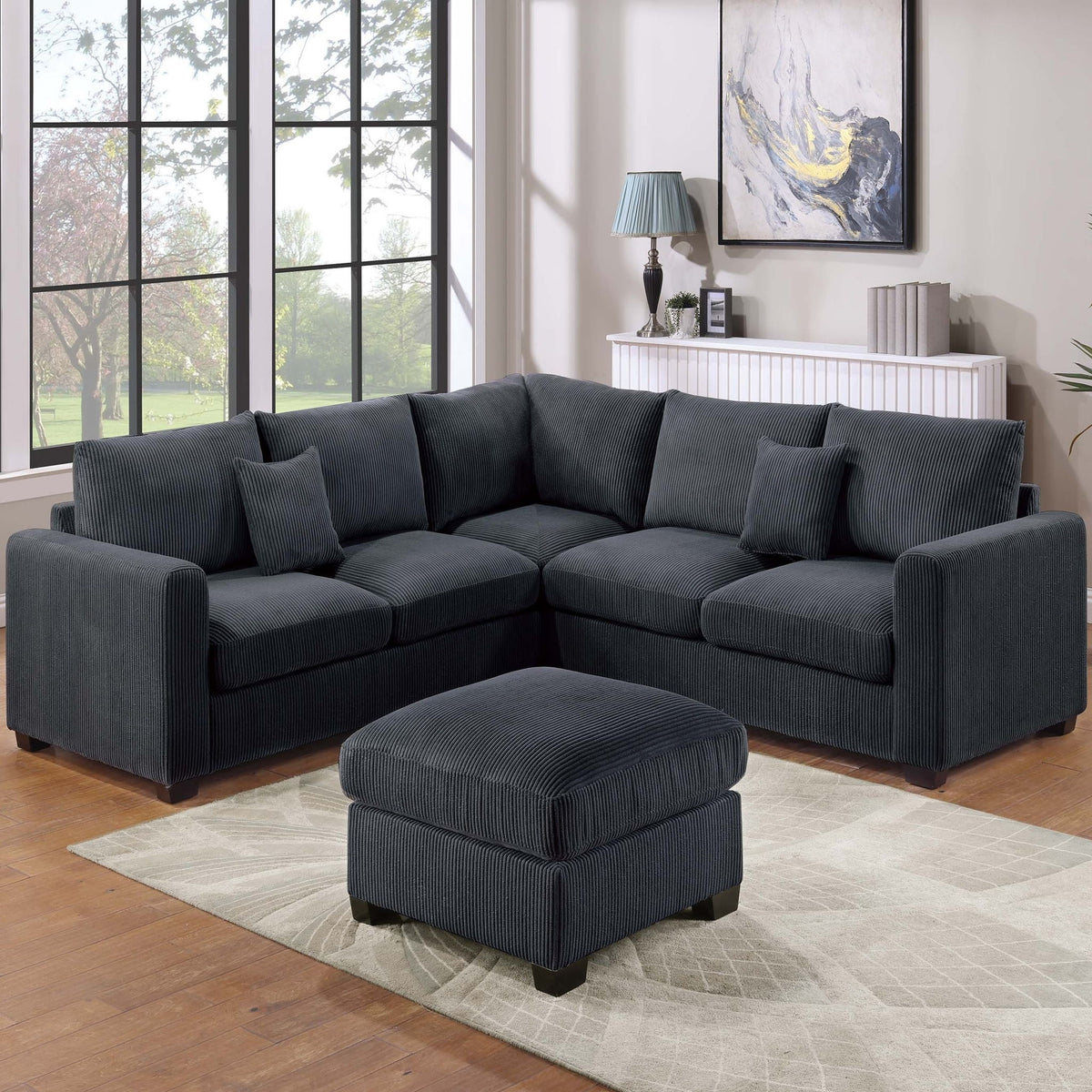 Conjunto de sofá seccional en forma de L de estilo moderno con otomana