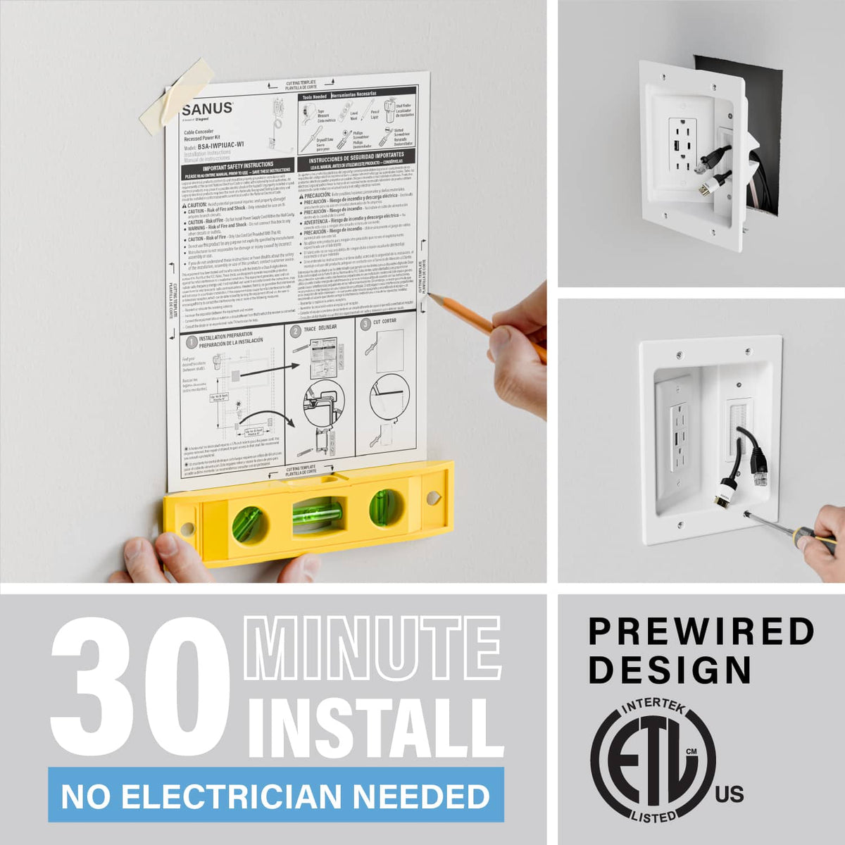 Sanus - In-Wall Cable Concealer Recessed Power Kit - White
