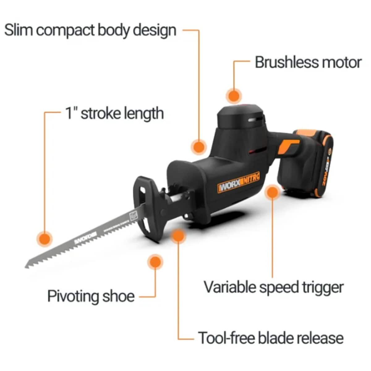 WORX - Nitro WX501L 20V Brushless Cordless Compact Reciprocating Saw - Black