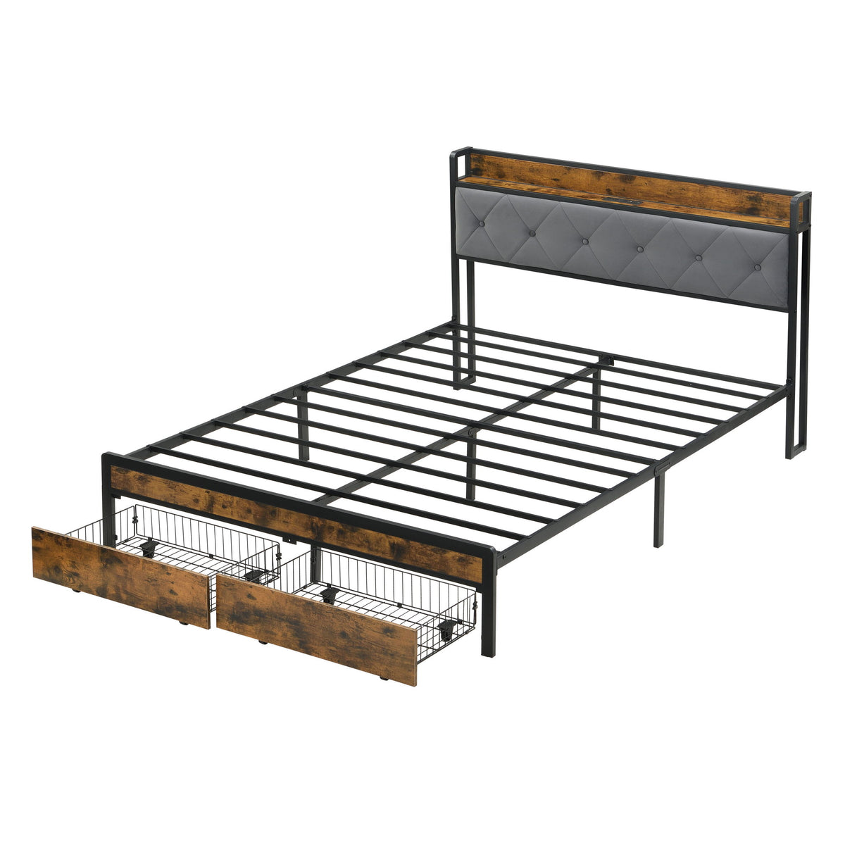 Base de Cama Moderna con Luces LED, Cabecero Tapizado, Carga USB