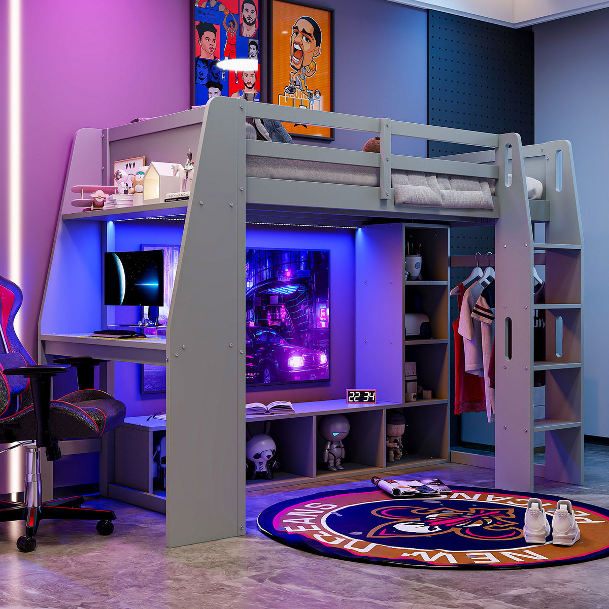Gaming Loft Bed With Desk, Multi Storage Shelves, LED Lighting, And Hanging Clothes Rack