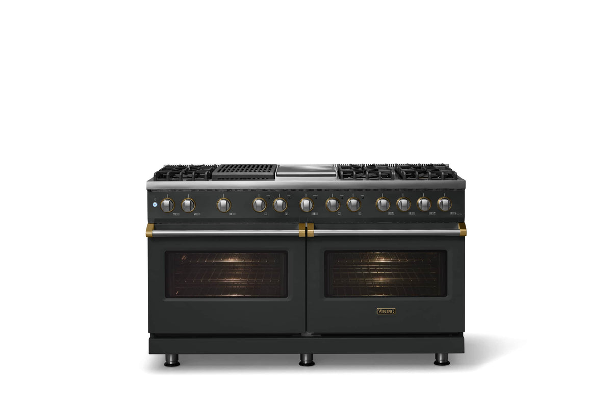 Viking - 60"W. 8 Burner Pro 5 Series 9.4 Cu. Ft. Freestanding Sealed LP Dual Fuel ConvectionRange with Brushed Brass Trim - Antique Bronze