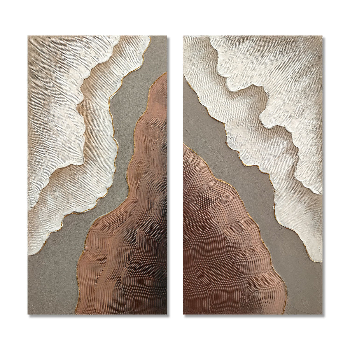 Arte mural abstracto, pintura en lienzo texturizado con detalles, decoración para sala de estar (juego de 2) - Marrón antiguo + blanco