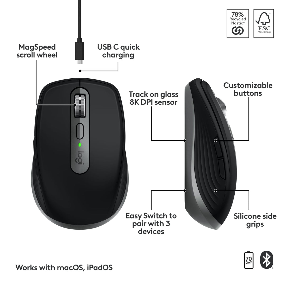 Logitech - MX Anywhere 3S for Mac Wireless Bluetooth Optical Fast Scrolling Mouse with Programmable Buttons - Wireless - Space Gray