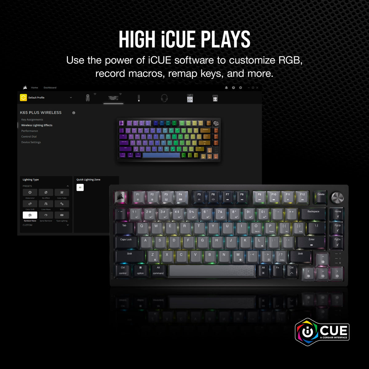 CORSAIR - K65 PLUS RGB 75% Wireless Mechanical Pre-Lubricated MLX Red Linear Switch Gaming Keyboard with Hot-Swappable Switches - Black/Gray