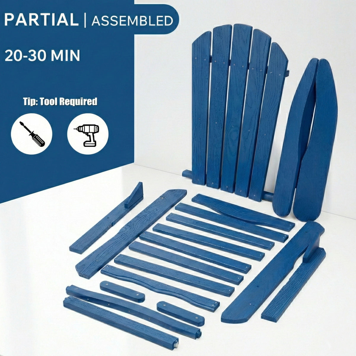 Sillón Adirondack Plegable de Exterior con Respaldo y Asiento Preensamblados para Patio - Azul Marino
