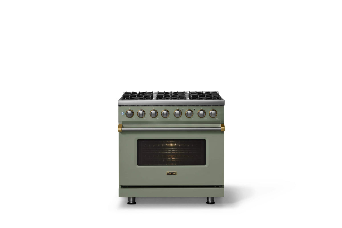 Viking - 36"W 5.6 Cu.Ft. Pro5S Freestanding Sealed 6 Burner Dual Fuel Convection LP Range - Eucalyptus w. Brushed Brass Trim - Eucalyptus