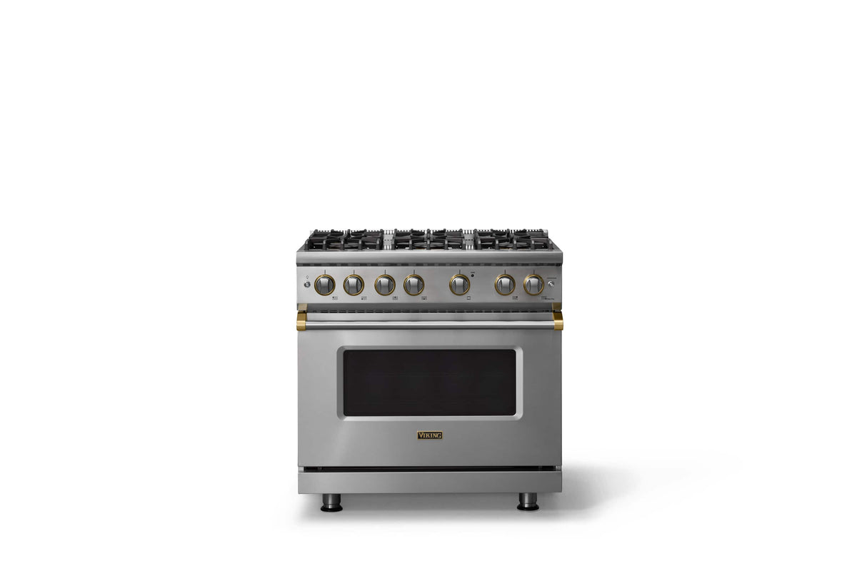Viking - 36"W. 5.1 Cu. Ft. Freestanding Manual Clean Sealed 6 Burner LP Gas Convection Range-Stainless Steel/Brushed Brass - Stainless Steel