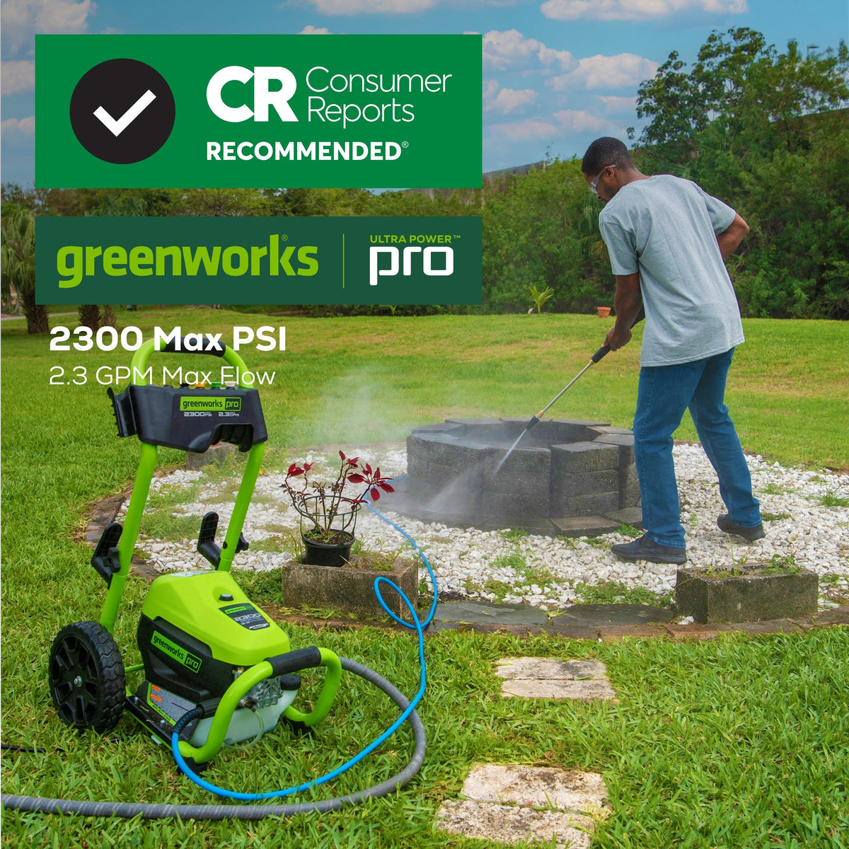 Greenworks - Pro Electric Pressure Washer up to 2300 PSI at 1.2 GPM - Green
