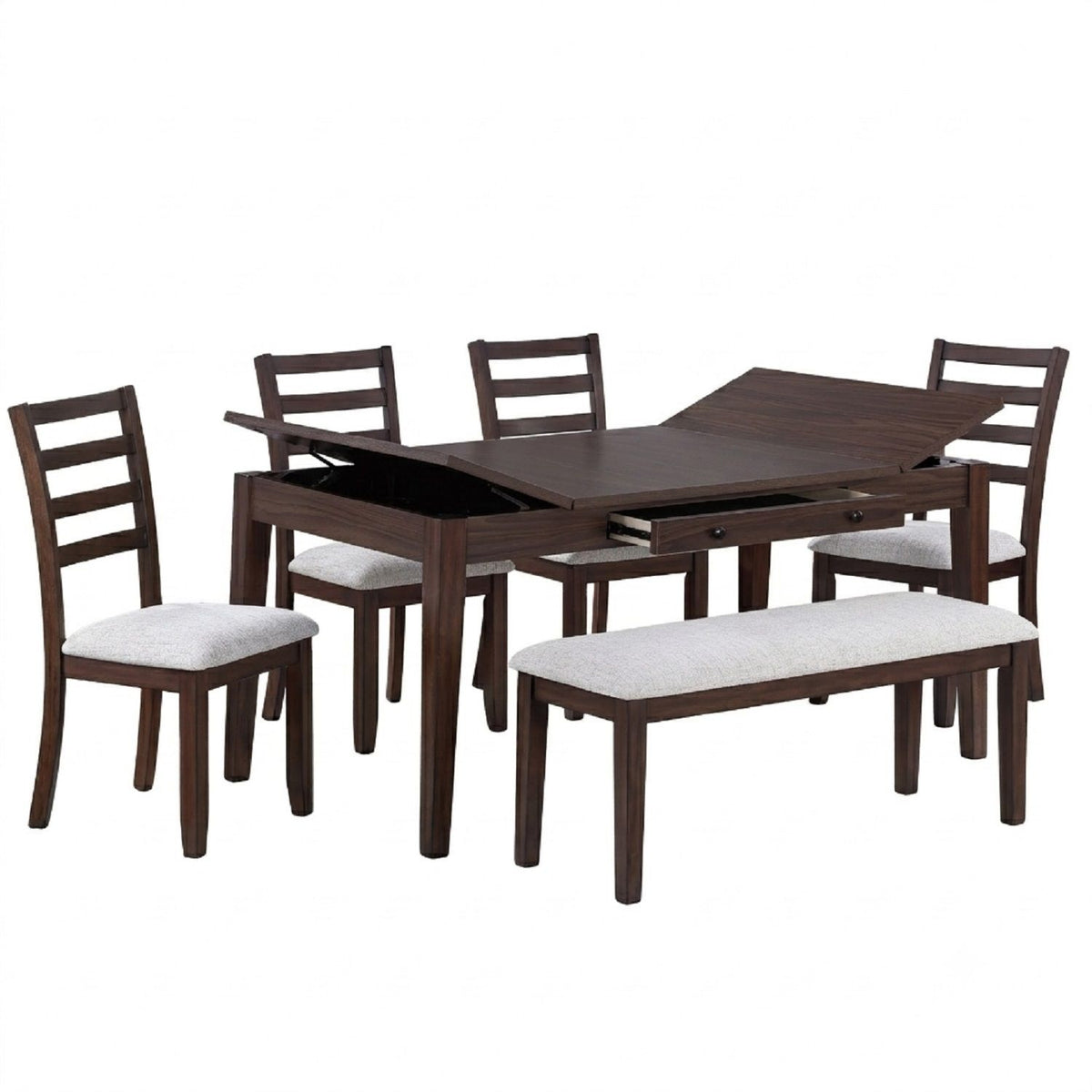 Juego de comedor de 6 piezas: mesa con almacenamiento, sillas con respaldo de escalera y banco - Nogal