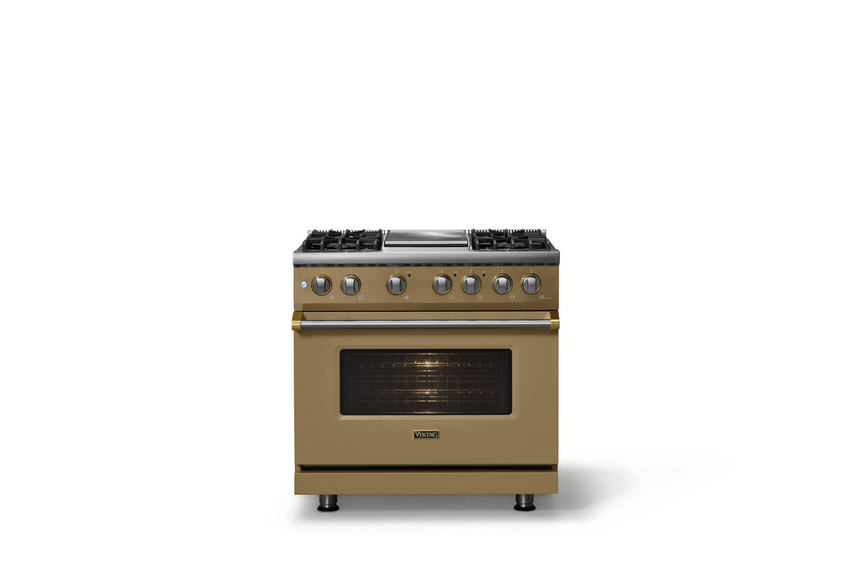 Viking - 36"W. Pro5S 5.6 Cu. Ft. Freestanding Self-Clean Sealed 4B LP DF Convection Range/Grdl-Golden Hour/Brushed Brass - Golden Hour