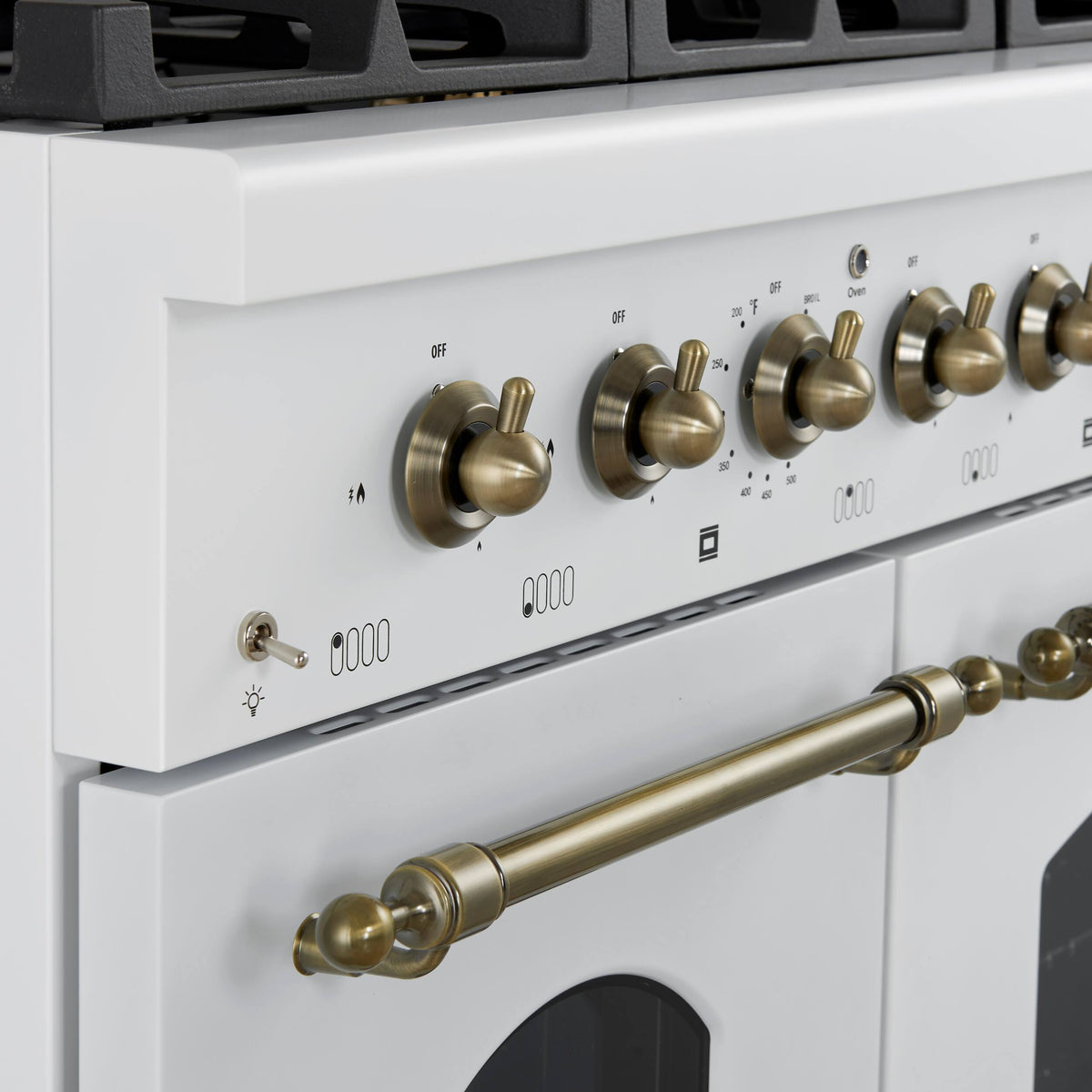 Forno Appliances - 48 in. Wide 8 Burner Antico 5.5 Cu. Ft. Freestanding Double Oven Dual Fuel Convection Range with Antique Brass Accents - White