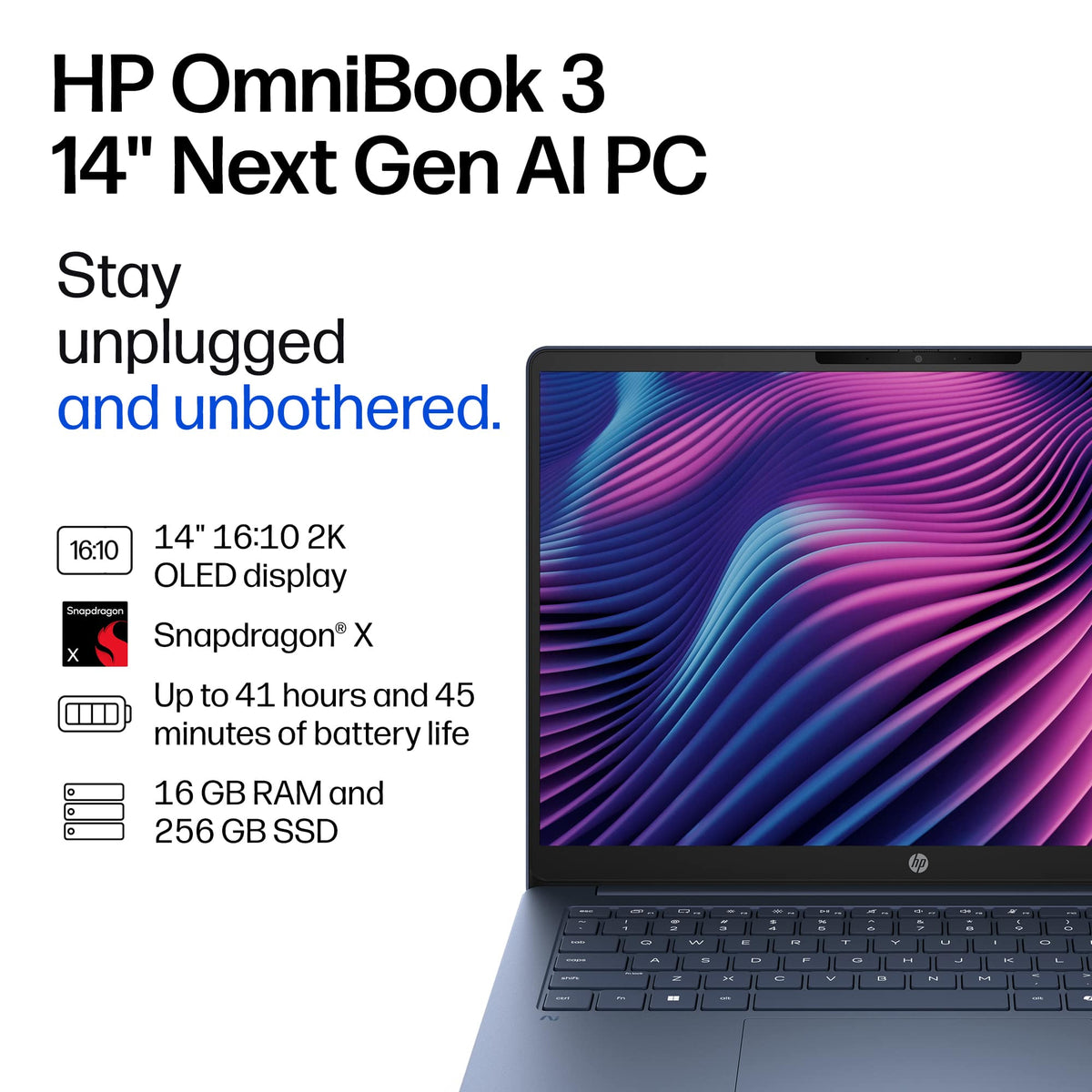 HP - OmniBook 3 - 14" 2K OLED Laptop - Snapdragon X (8-core) - 16GB Memory - 256GB SSD - Copilot+ PC - Starlit Blue