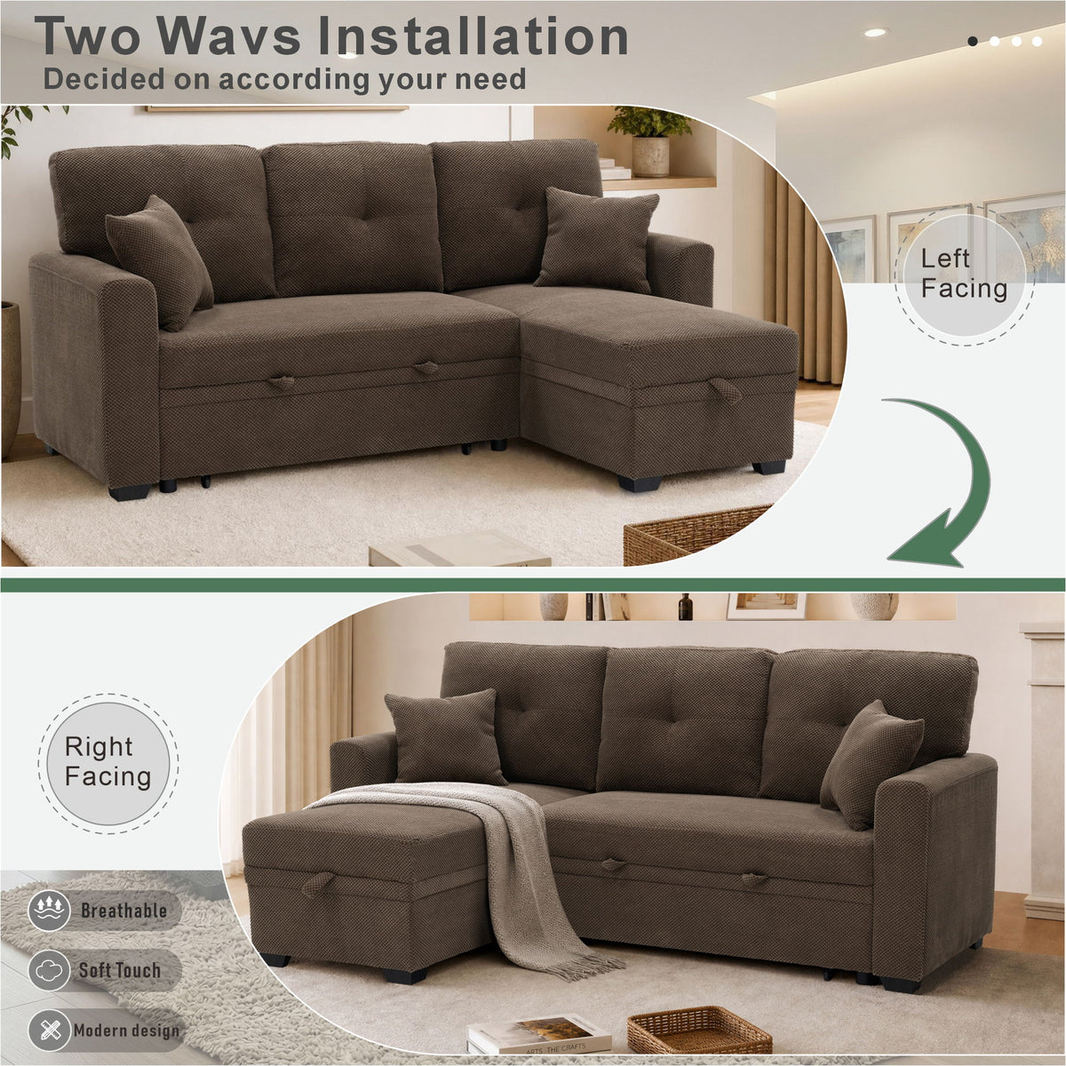 Sofá seccional cama con nido extraíble, chaiselongue reversible