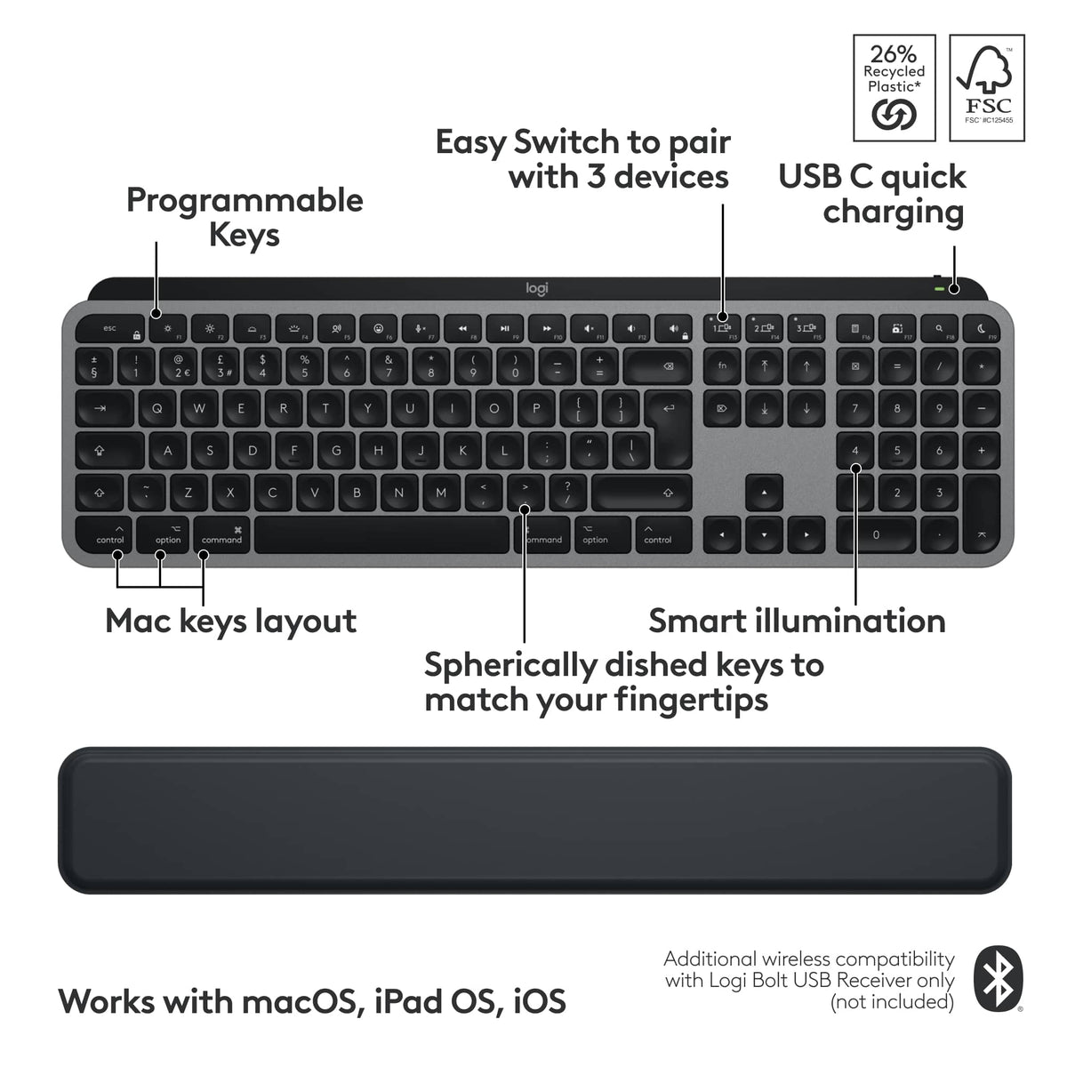 Logitech - MX Keys S Combo for Mac Full-size Wireless Scissor Keyboard and Mouse Bundle for MacBook, iMac, iPad with Palm-rest - Space Gray