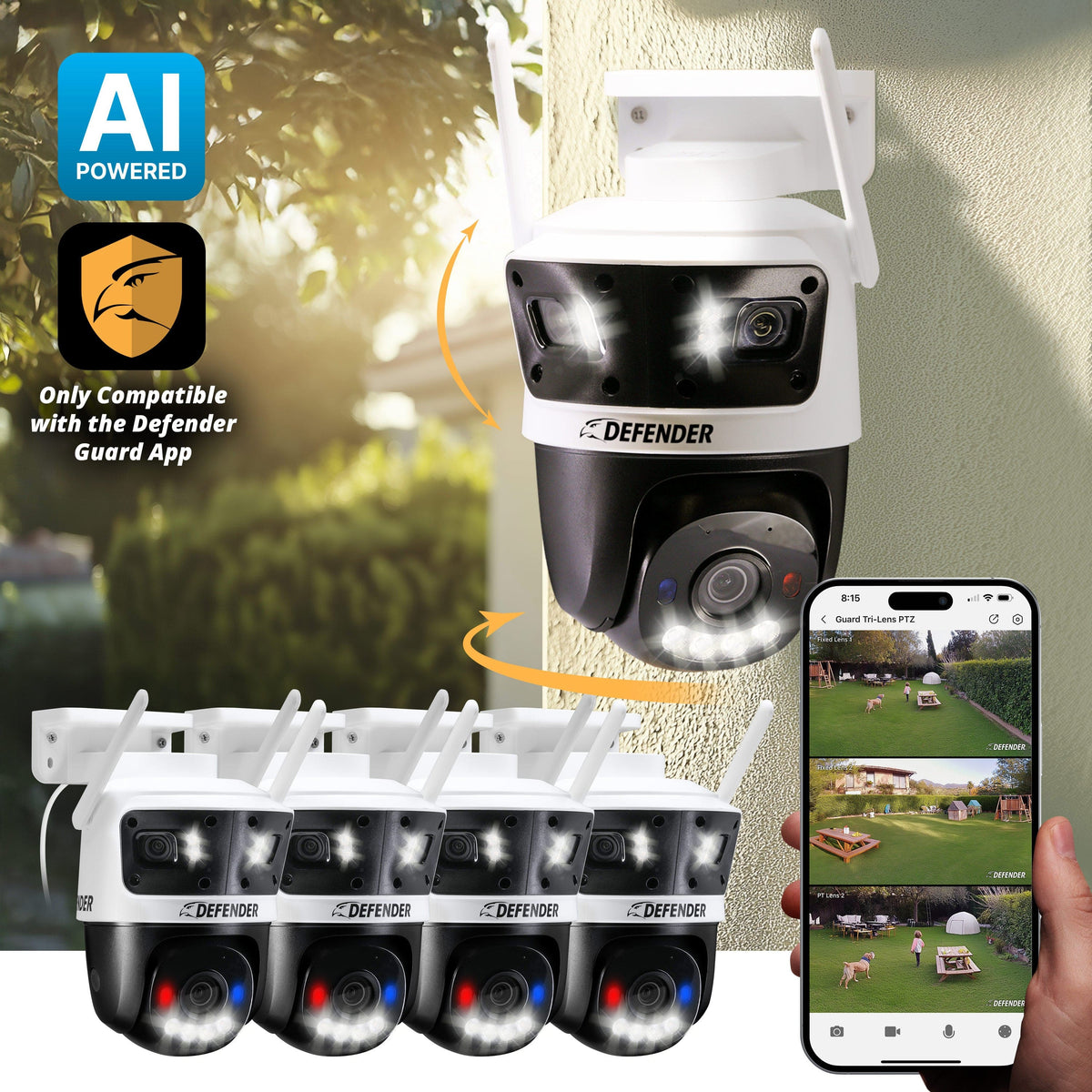 Defender - AI 3K+ Guard Tri-Lens PTZ WIFI Plug-in Security Camera, 360° Tracking, AI Detection, Works w/ Guard App, 4 Pack - White