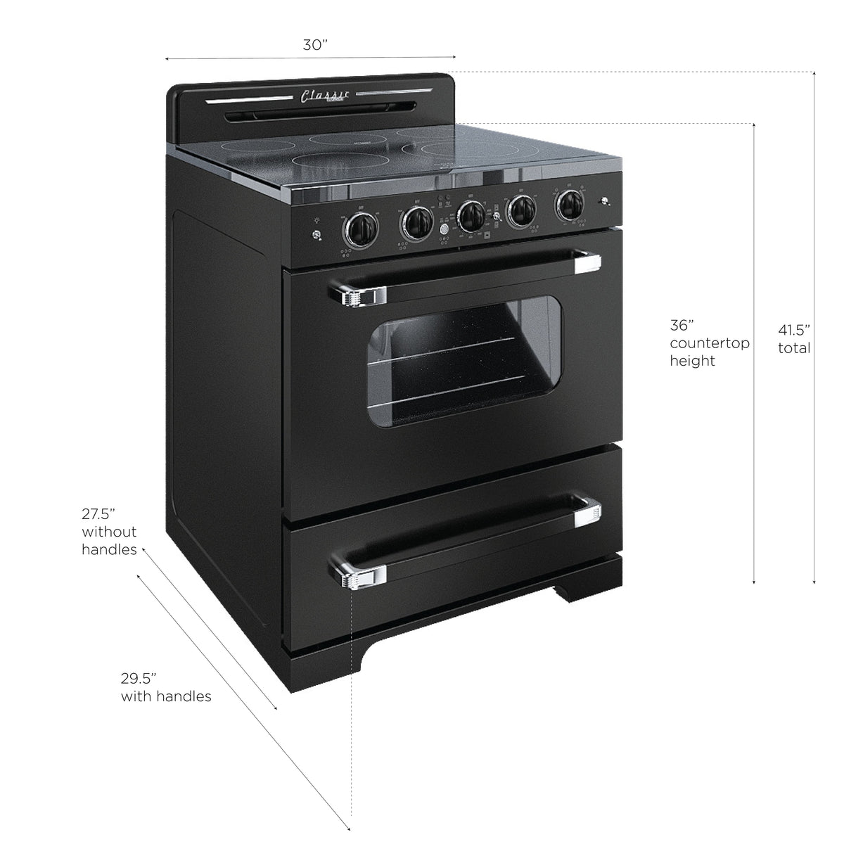 Unique Appliances - 30 in. Wide 5 Elements Classic Retro 3.9 Cu. Ft. Freestanding Electic Convection Range with Glass Top and Storage Drawer - Midnight Black