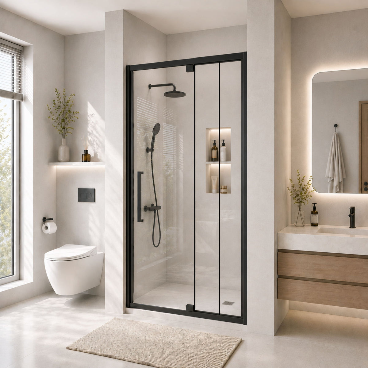 Puerta de ducha pivotante semisin marco, diseño reversible