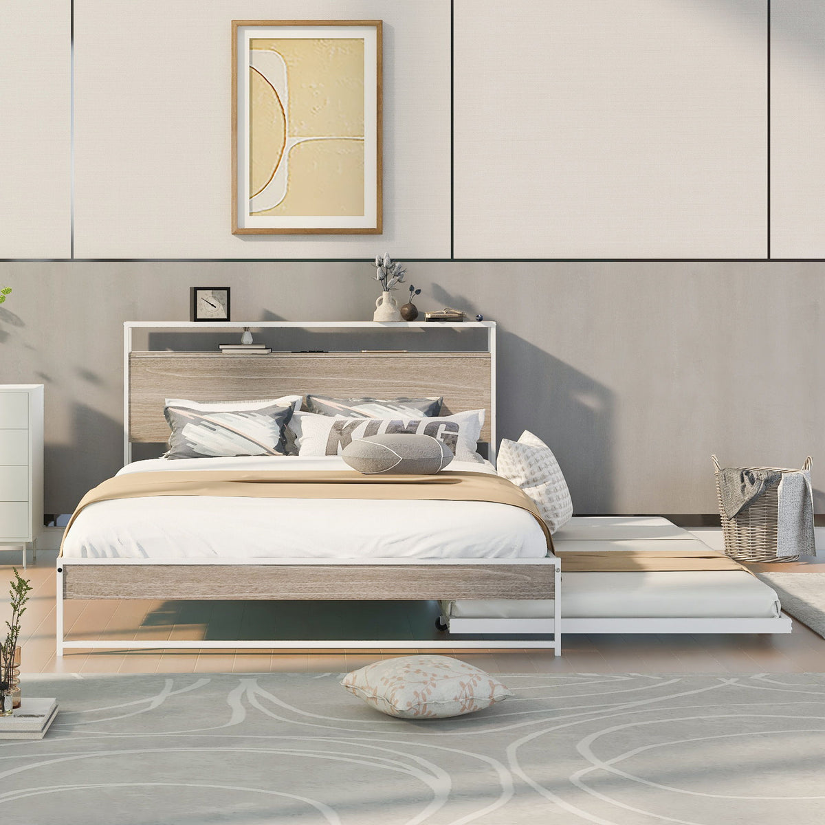Platform Bed Frame With Trundle, USB Ports And Slat Support, No Box Spring Needed